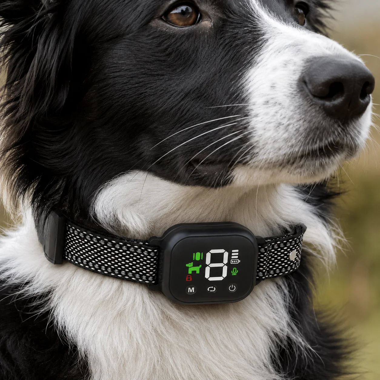 Dog wearing a black Hush Bark style training collar